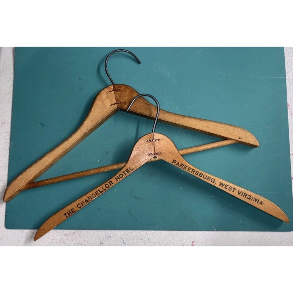 Wooden Suit Jacket Pants Hanger Set Of 2 16” The Chancellor Hotel Parkersburg WV